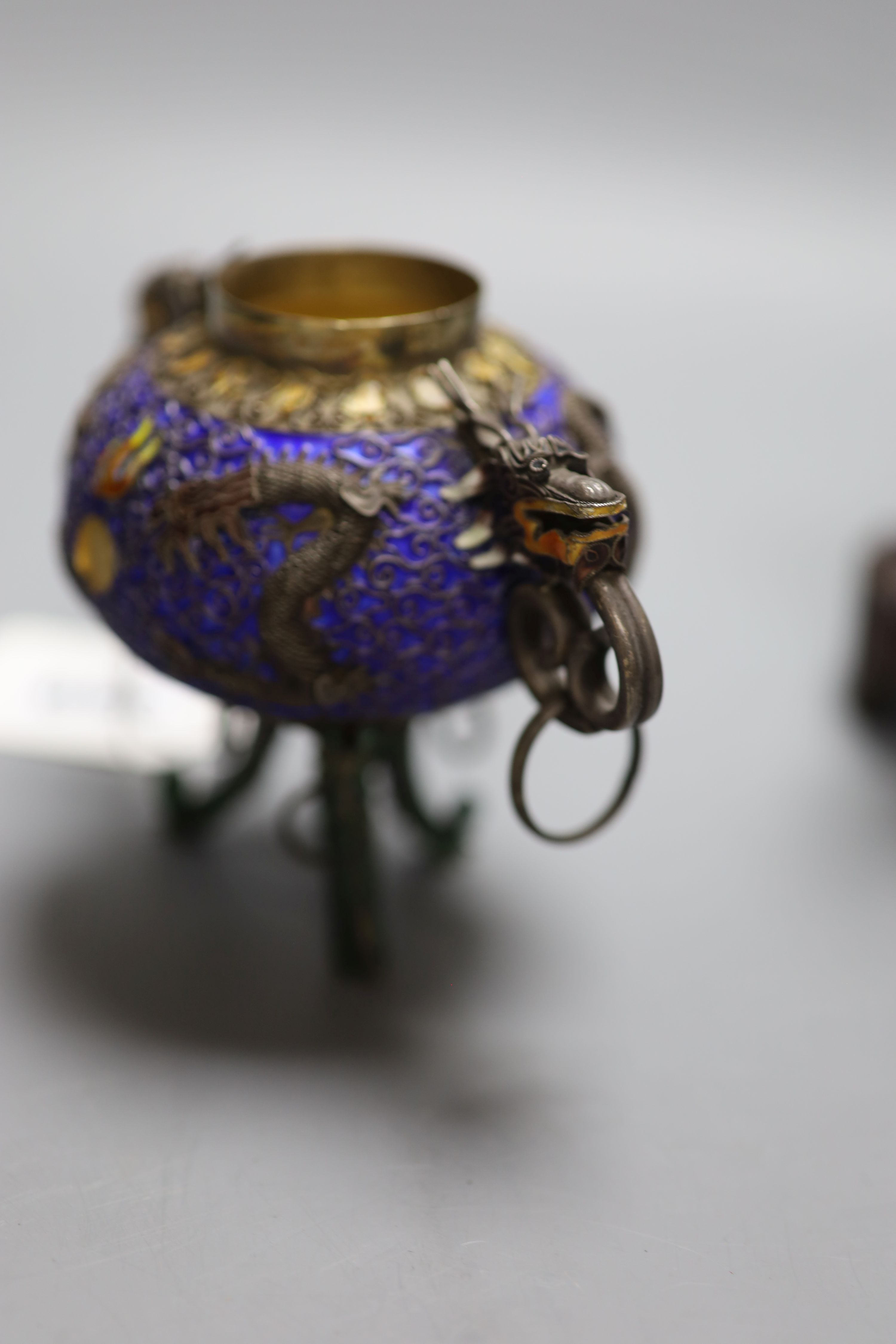 A Chinese white metal and enamel tripod censer (lacking cover), and two model pheasants